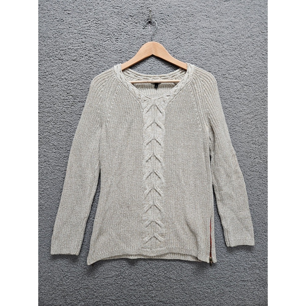 Talbots Cable Knit Sweater M Beige V-Neck Side Zip Coastal Pullover